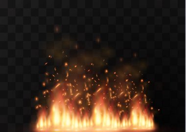 Vektör gerçekçi yangın şeffaf özel efekt öğesi. Sıcak bir alev yerinden fırlayacakmış gibi. Campfire.Heat kaplaması. Vektör yangın. Vektör alev. Yangın elemanları, dekoratif alev etkisi.