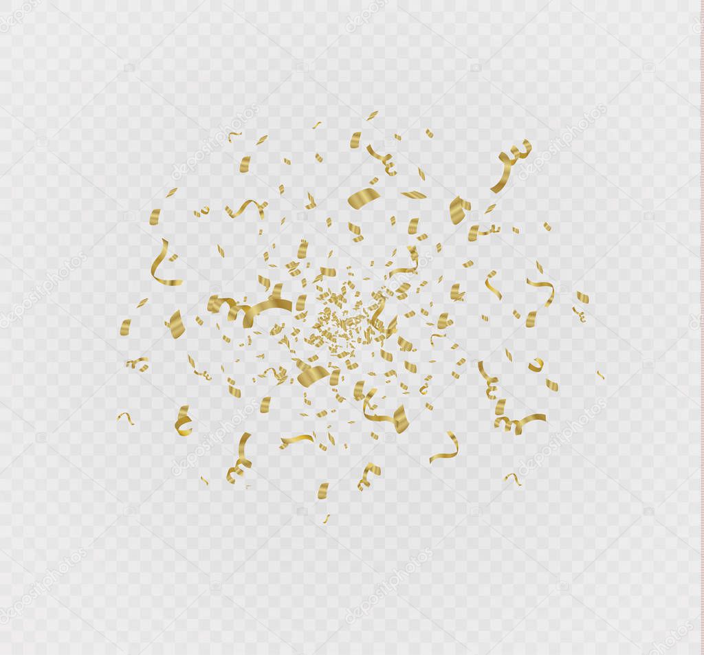 Golden confetti, isolated on cellular background. Festive vector illustration Tiny confetti with ribbon on white background. Festive event and party. Vector yellow.