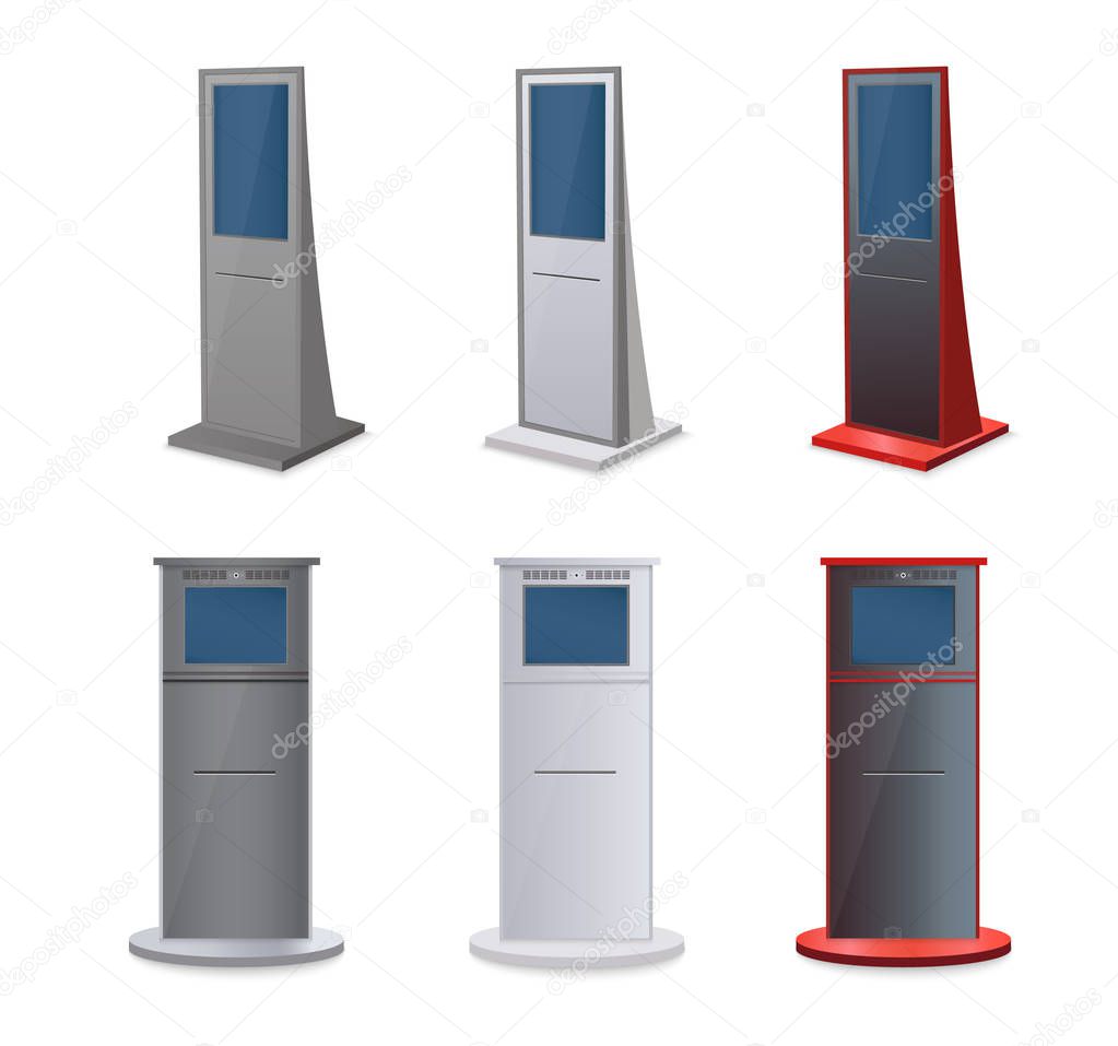 Set of information kiosks with blank screens isolated on white background. Payment terminal mockup. Vector illustration