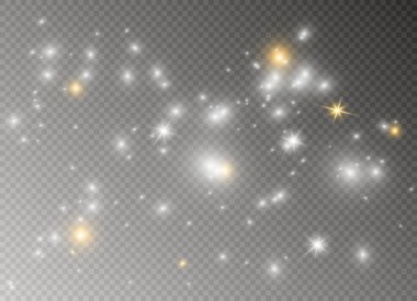 Beyaz kıvılcım ve altın yıldız özel ışık efekti parıltı. Vektör şeffaf arka plan üzerinde parıldıyor. Noel soyut
