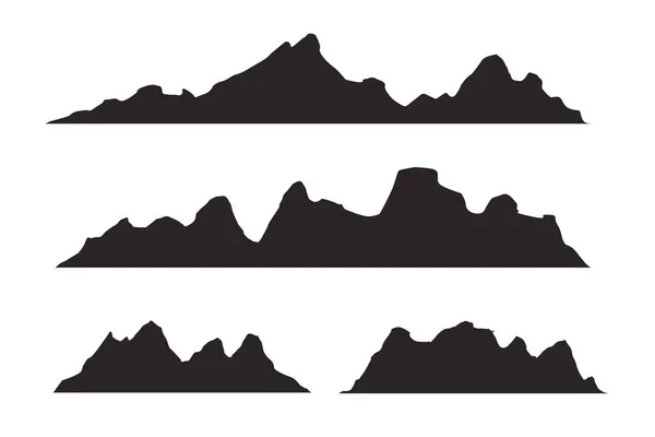 Set med svarta och vita mountain silhuetter. Bakgrunden gränsa av klippiga bergen. — Stock vektor