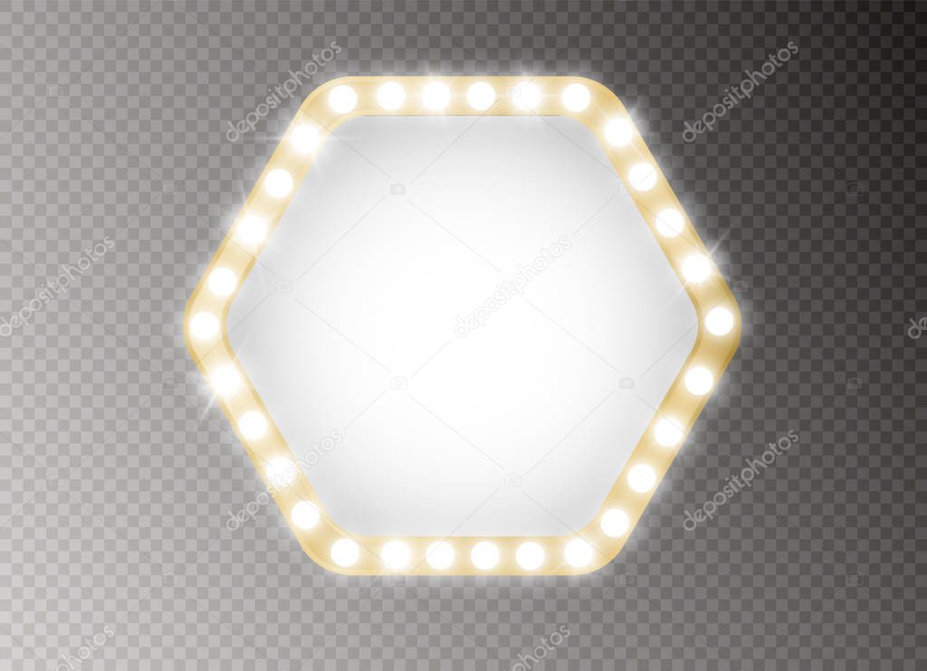 Hollywood lights. Illuminated realistic banner isolated on transparent background. Vector shine string bulbs. Las Vegas casino night party sign. Glowing lights billboard for advertising design.