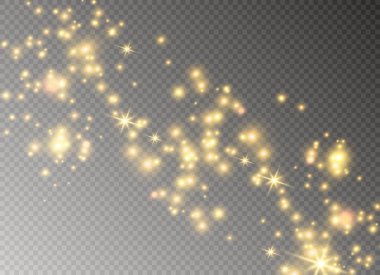 Beyaz kıvılcım ve altın yıldız özel ışık efekti parıltı. Vektör şeffaf arka plan üzerinde parıldıyor. Noel soyut