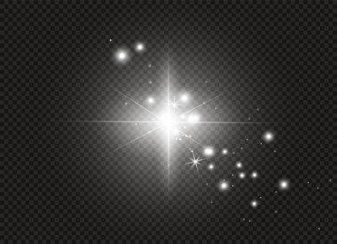 Beyaz kıvılcım ve altın yıldız özel ışık efekti parıltı. Vektör şeffaf arka plan üzerinde parıldıyor. Noel soyut