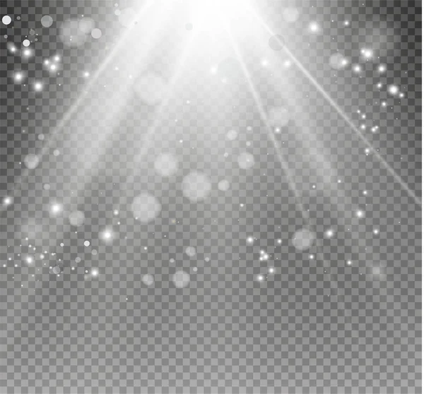 Explosión de luz brillante blanca sobre fondo transparente. Ilustración vectorial efecto de luz decoración con rayo. Una estrella brillante. Sol brillante translúcido, destello brillante. Centro vibrante flash . — Vector de stock