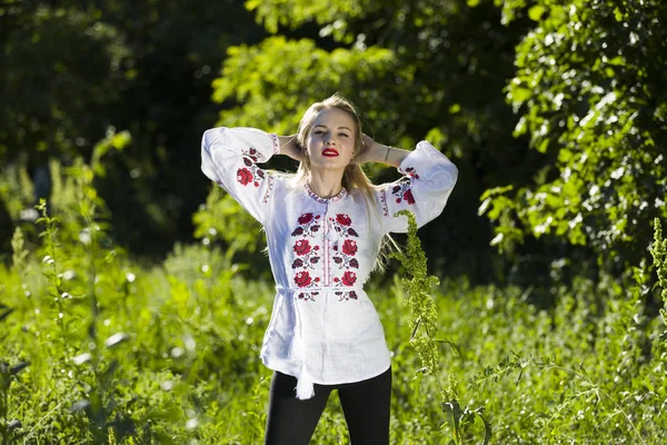 Portrét krásné ukrajinské ženy nosí tradiční vyshyvanka oblečení — Stock fotografie