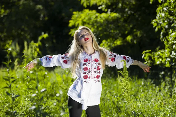 一个美丽的乌克兰妇女穿着传统的 vyshyvanka 衣服的肖像 — 图库照片