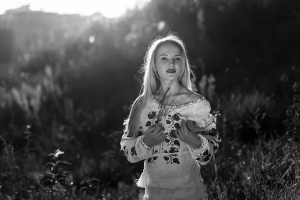 Retrato de uma bela mulher ucraniana vestindo roupas tradicionais vyshyvanka — Fotografia de Stock