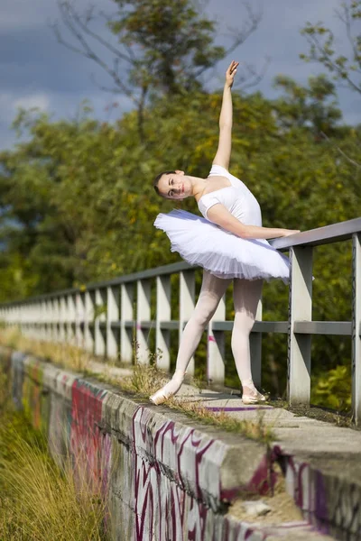 Attractive Ballerina posing at a handrail outdoor
