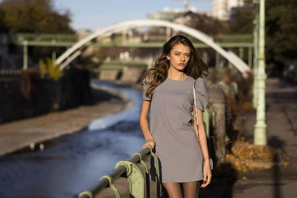 都市の川の横に立っているスタイリッシュな女性 — ストック写真