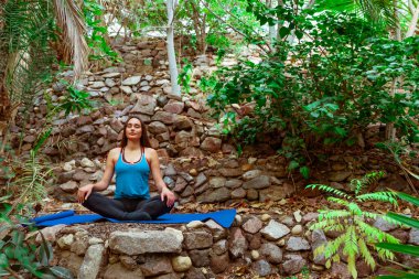 Genç bir kadın parkta yoga yapıyor ve eğitiyor. Açık hava kadınlarının sporu