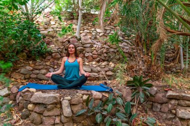 Genç bir kadın parkta yoga yapıyor ve eğitiyor. Açık hava kadınlarının sporu