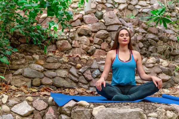 Genç bir kadın parkta yoga yapıyor ve eğitiyor. Açık hava kadınlarının sporu