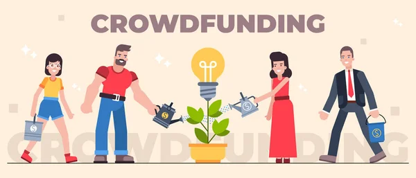 Barevné crowdfunding vektorové ilustraceg, investování do nápadů pomocí ploché kreslené postavičky konceptu — Stockový vektor
