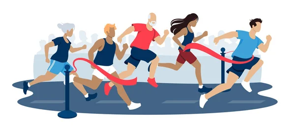 Vektor illusztrációja maraton futás, az emberek a különböző korosztály és a nemek — Stock Vector