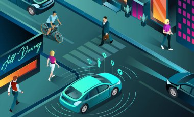 Kendi kendine giden bir otomobilin vektör biyometrik illüstrasyonu