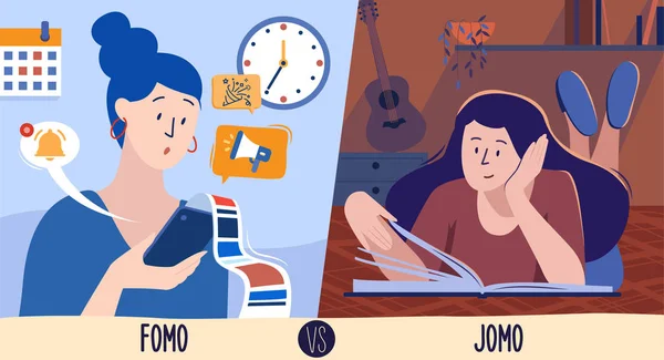 Εικονογράφηση διάνυσμα του fomo vs jomo, δύο συνθήκες υπό τις οποίες ένα άτομο μπορεί να διαμένει — Διανυσματικό Αρχείο