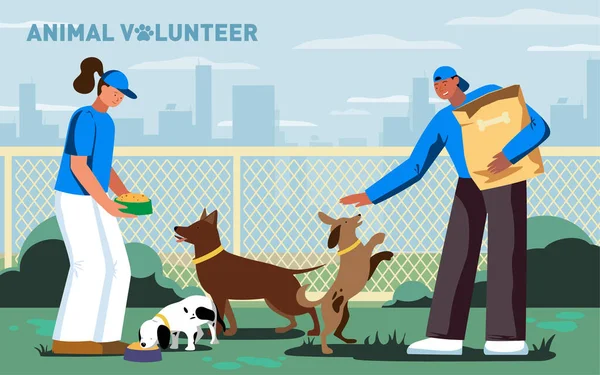 Ilustración vectorial de jóvenes voluntarios que cuidan perros callejeros — Archivo Imágenes Vectoriales