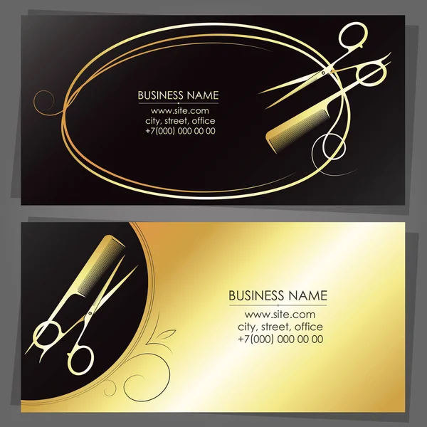 Business card for a beauty salon scissors and stylist gold comb