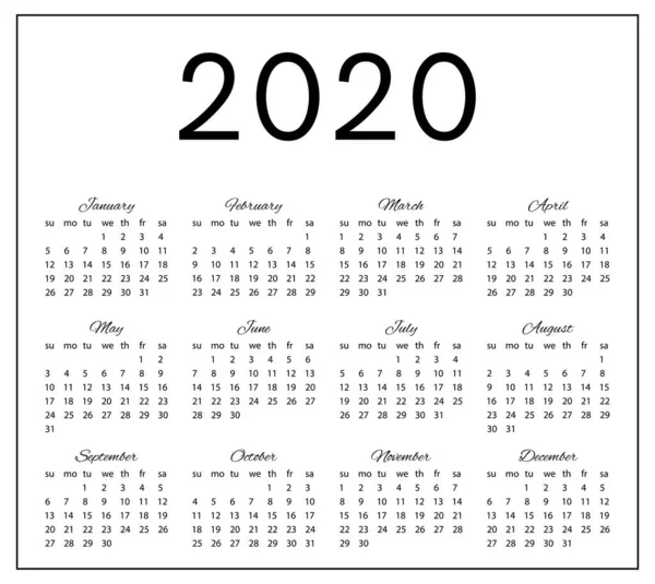 2020 년 단순 한 흑백 달력. — 스톡 벡터