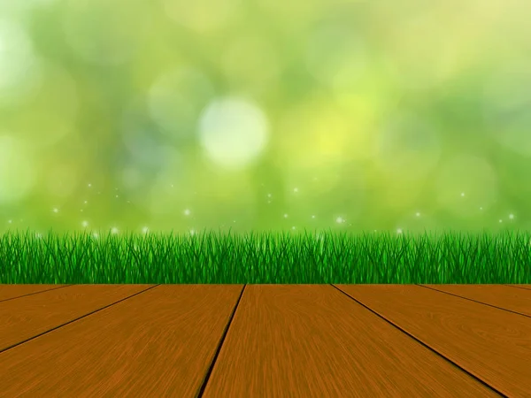 Frühling Hintergrund mit Holzdielen und Gras. — Stockfoto