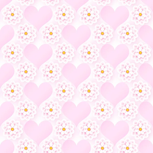 Pink floral romantic seamless pattern with hearts. — Stok Vektör