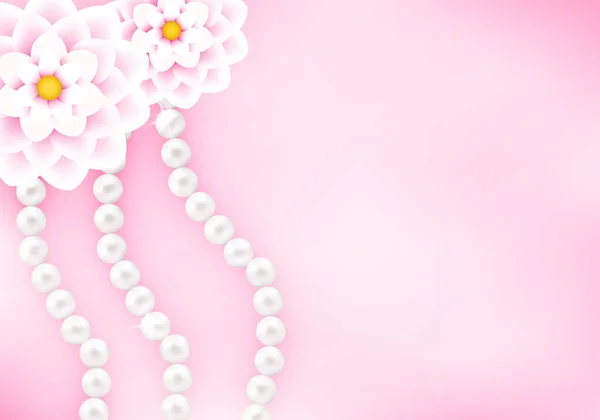 エレガントな花のピンクの背景、真珠のネックレス. — ストックベクタ
