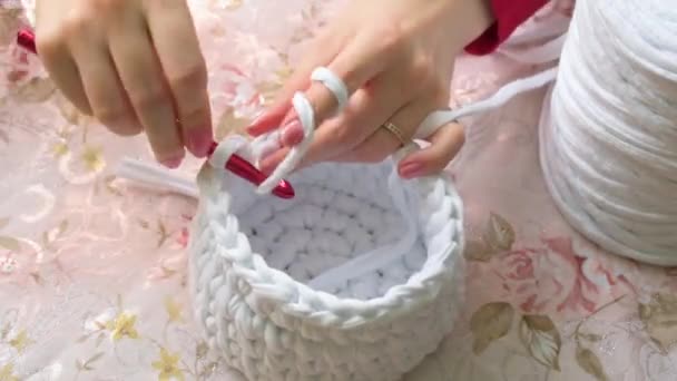 Young Woman While Crocheting Close Leisure Activity White Basket Made — Stock Video