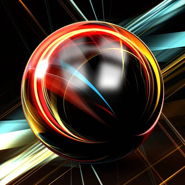 Abstract reflective and glossy sphere, on artistic background made of decorative colored lines