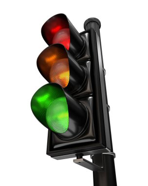 Üç rengi açık, beyaz arkaplanda izole edilmiş bir trafik ışığına yakın plan.