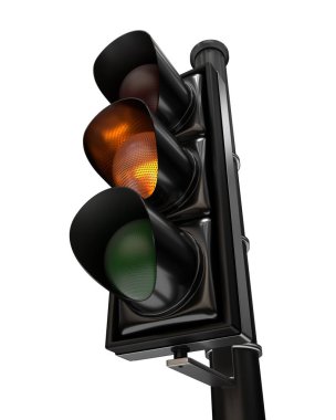 Trafik ışığına yakın plan, turuncu ışık açık, beyaz arka planda izole edilmiş.