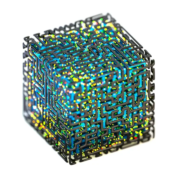 금속으로 빛나는 색깔의 입자들로 만들어 입방체 컴퓨터의 배경에 분리되어 — 스톡 사진
