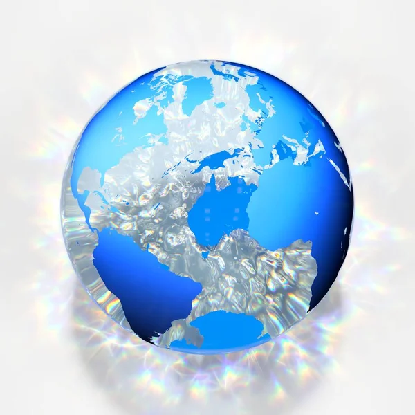 Крупный План Земли Стеклянном Материале Голубыми Континентами Излучающий Едкие Огни Стоковая Картинка