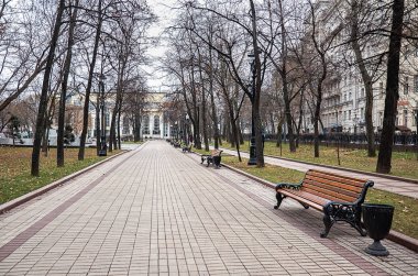Rusya. Moskova. Trafiğe kapalı bir yürüme yolu ve ağaçlar, Moskova Chistoprudniy Bulvarı'nda. 18 Kasım 2017