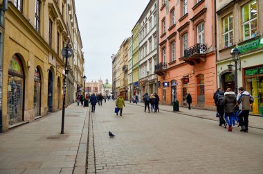 Polonya. Krakow. Krakow şehrinin evleri ve caddeleri. Şehir manzarası. 21 Şubat 2018
