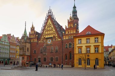 Polonya. Wroclaw evleri ve Wroclaw şehrinin sokakları. Cityscape. 20 Şubat 2018