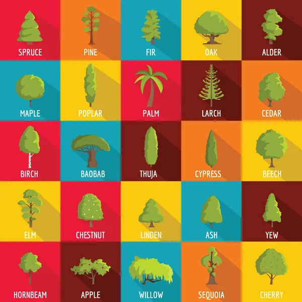 Träd ikoner set, platt stil — Stock vektor