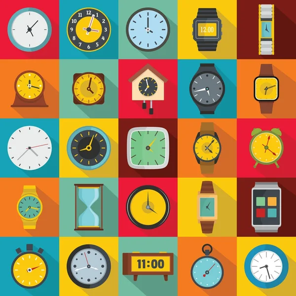Conjunto de iconos de hora y reloj, estilo plano — Vector de stock