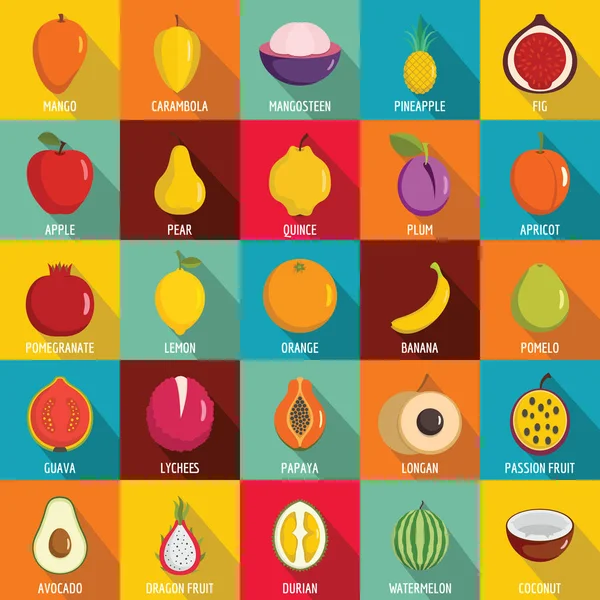 Fruits icons set, flat style — Stock Vector