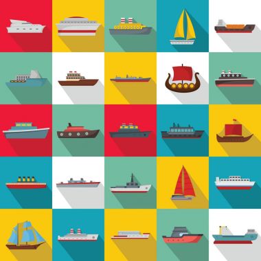 Deniz gemi türleri Icons set, düz stil