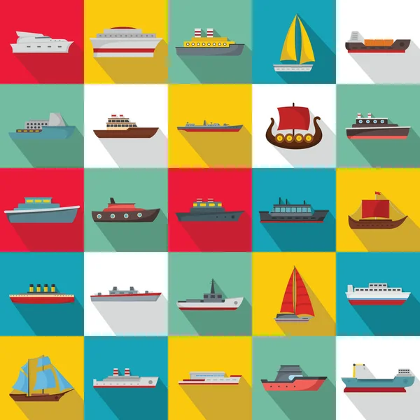 Marinha navios tipos ícones conjunto, estilo plano — Vetor de Stock