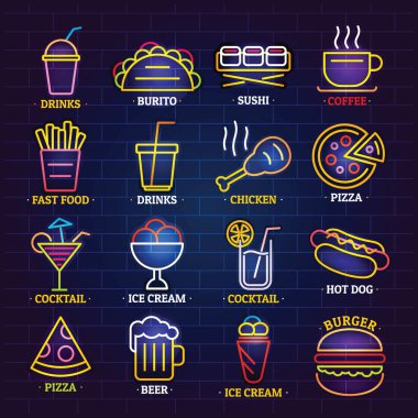 Fast food neon Dükkanı işareti Icons set, karikatür tarzı