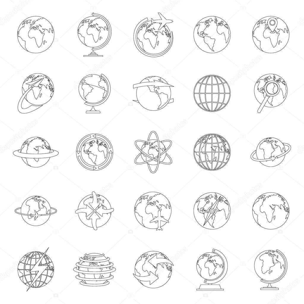 Globe Earth icons set, outline style