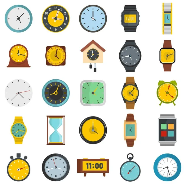 Conjunto de iconos de hora y reloj, estilo plano — Archivo Imágenes Vectoriales