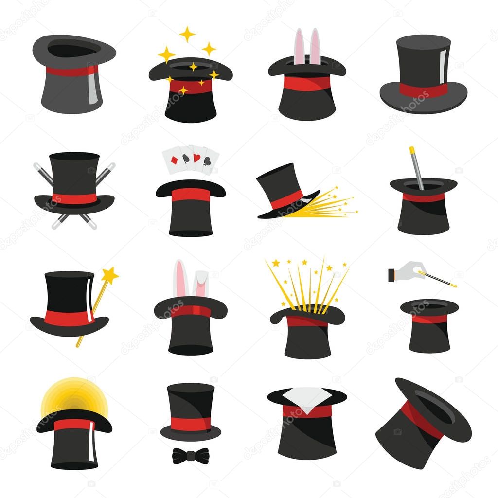 Magician hat sorcery icons set, flat style