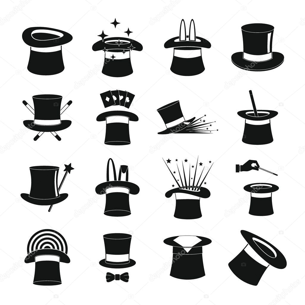 Magician hat sorcery icons set, simple style