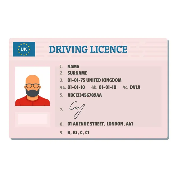 Αγγλικά εικονίδιο άδεια οδήγησης, επίπεδη στυλ. — Διανυσματικό Αρχείο