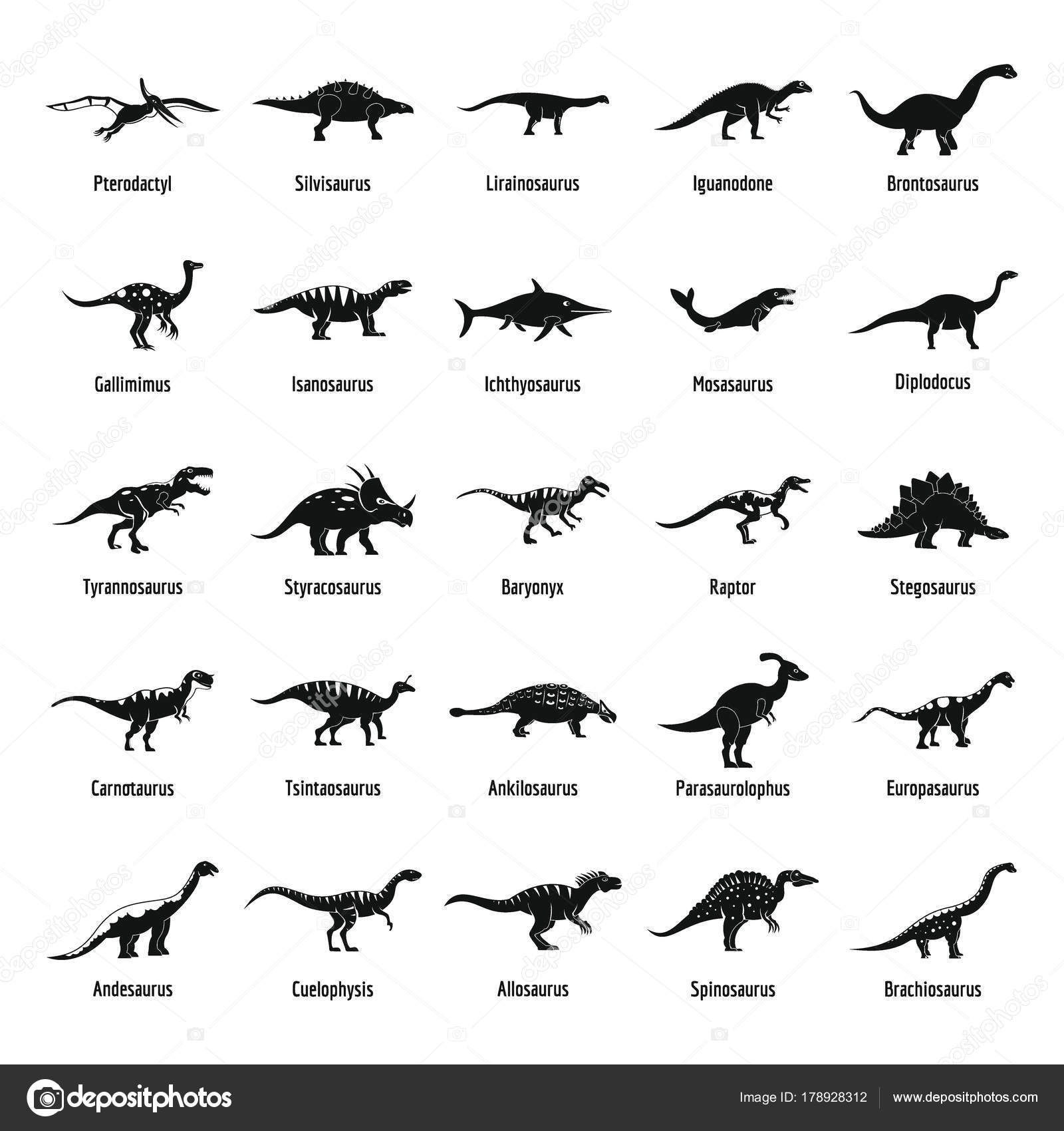 DinosaurierArten unterzeichnet Namen Icons Set, einfachen 