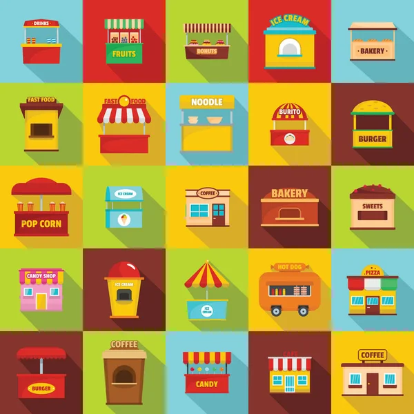 Utcai élelmiszer kioszk ikonok készlet, lapos stílusú — Stock Vector