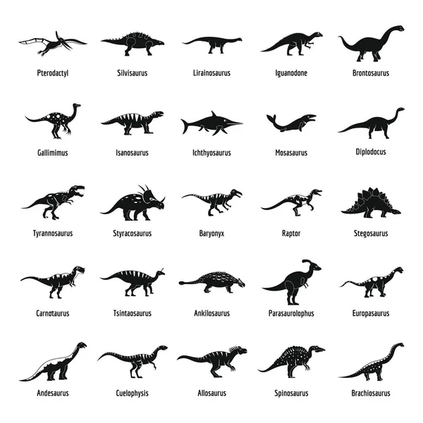 Dinossauro tipos assinado nome ícones conjunto, estilo simples — Vetor de Stock